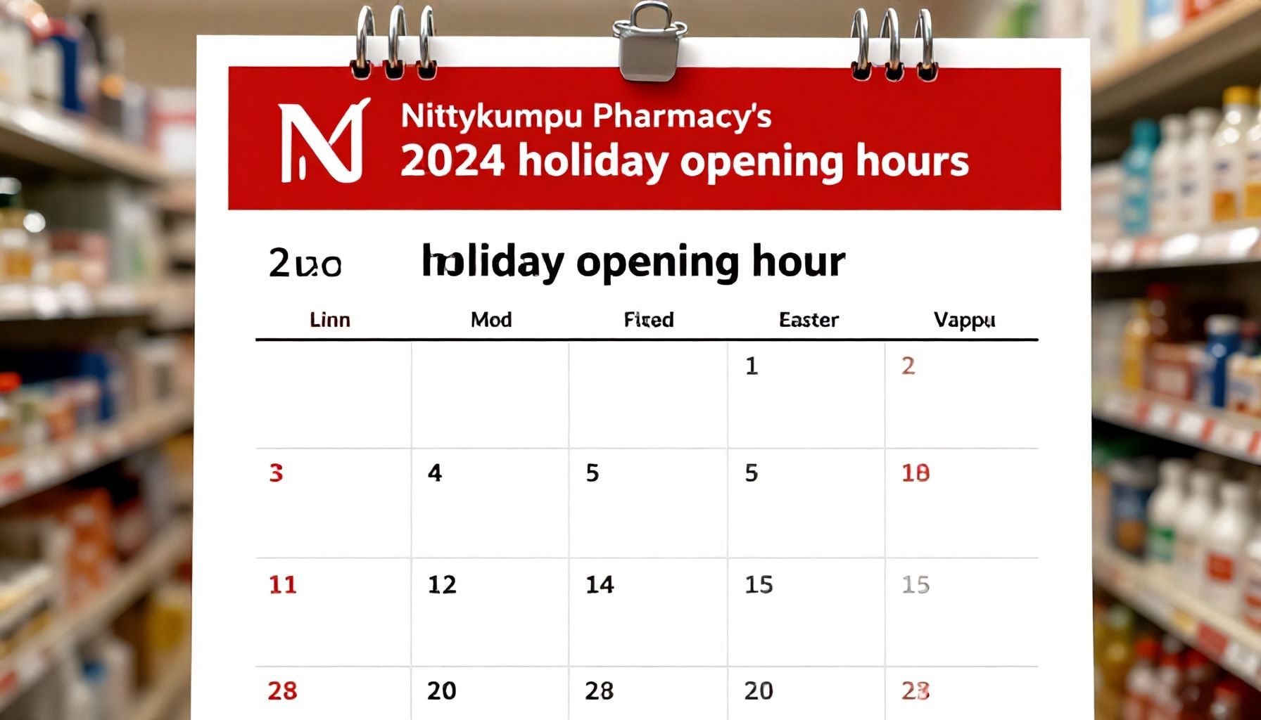 Joulu, pääsiäinen, vappu: Apteekki Niittykummun poikkeusaukiolot 2024 kalenterissa – tulosta ja tallenna
