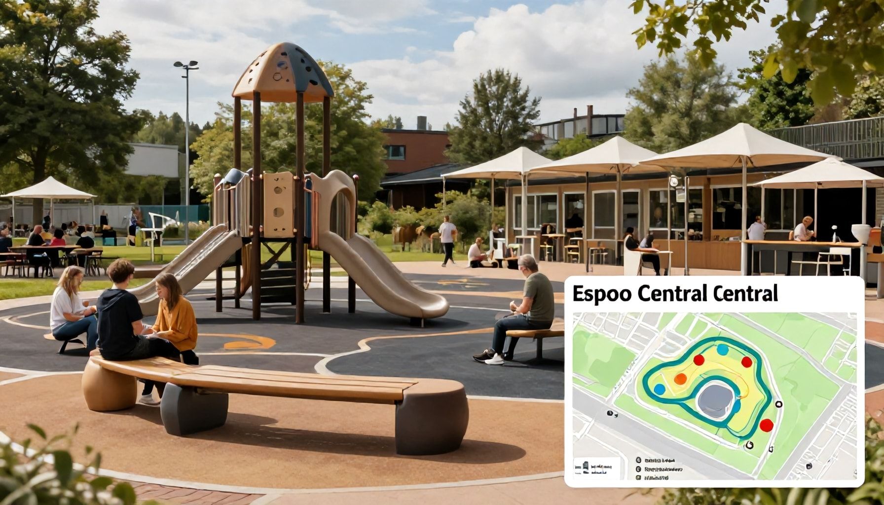 Leikkipuistot, joissa vanhemmatkin voivat rentoutua: kahvilat, penkit ja varjostus ratkaisee