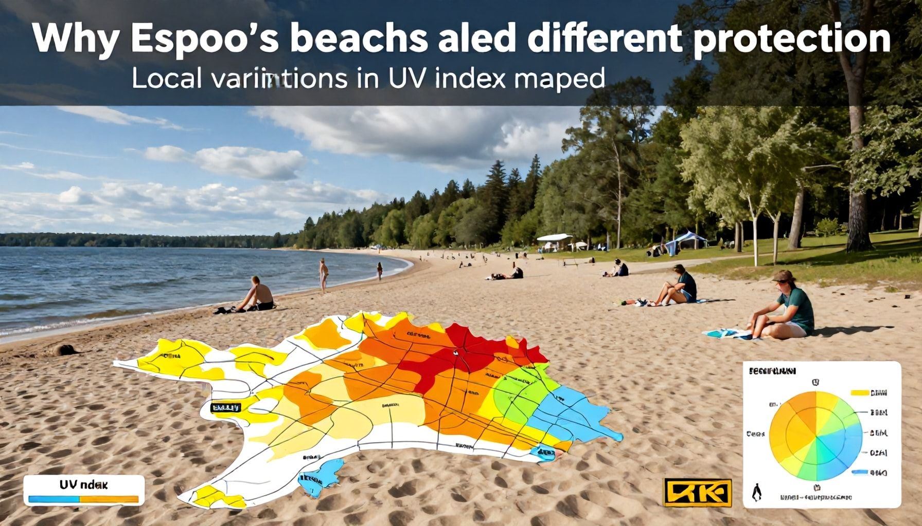 Miksi Espoon rannat ja puistot vaativat eri suojan: UV-indeksin paikalliset vaihtelut kartalla