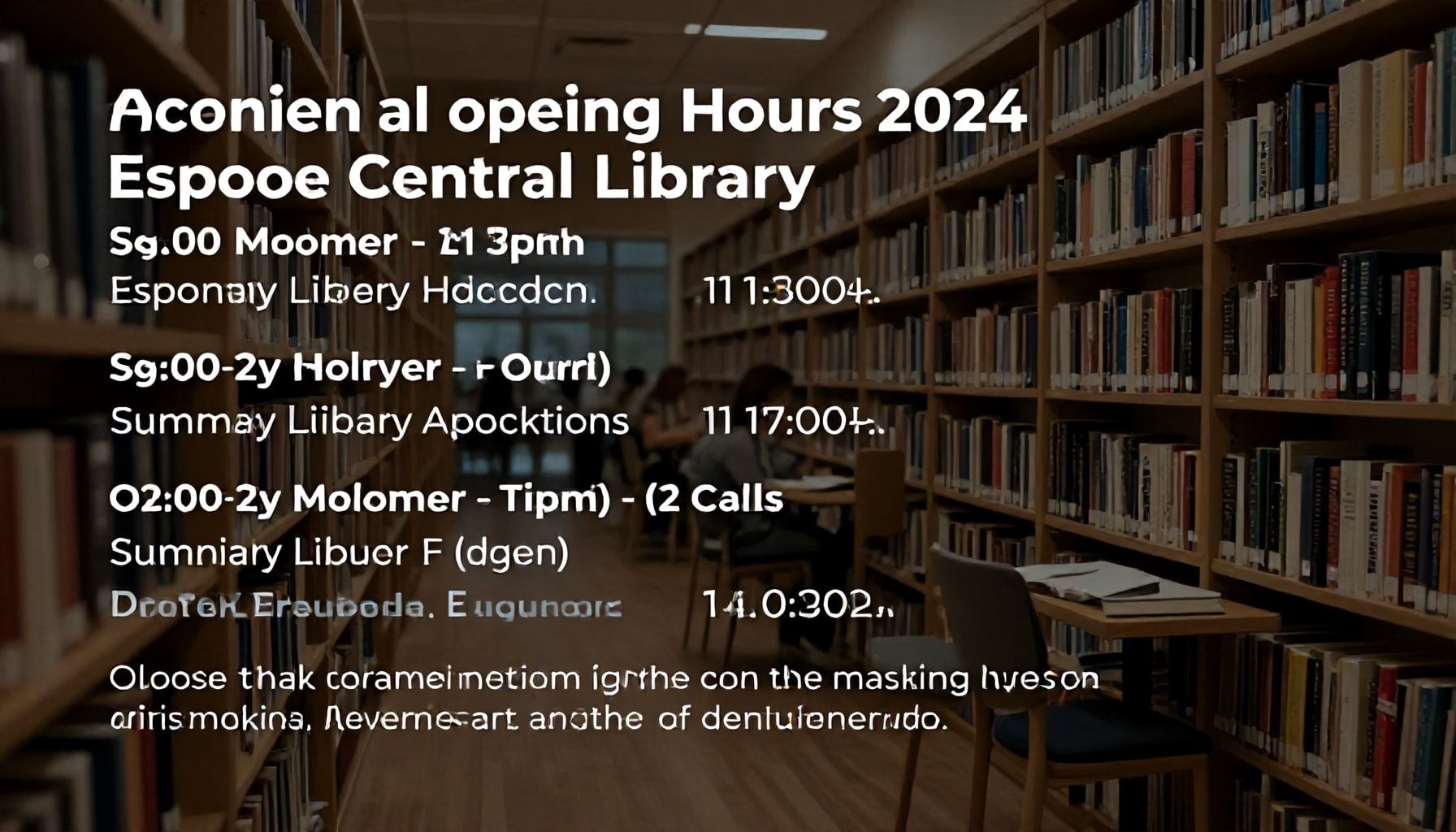 Poikkeusaukiointi Espoon keskuskirjastossa 2024: pyhäpäivät, kesäkaudet ja yllättävät sulkemiset selkokielellä