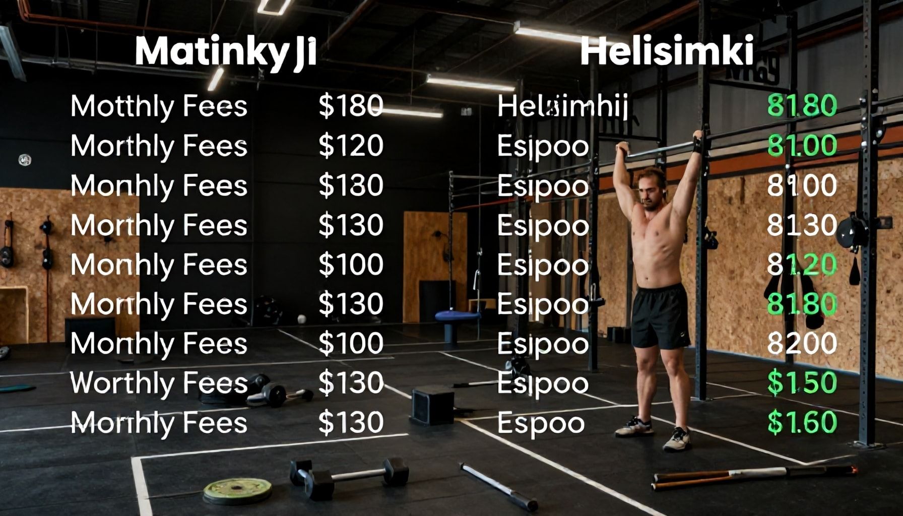 Crossfit-alueen salien piilotetut kustannukset: näin Matinkylän hinnat vertautuvat Espoon ja Helsingin salien kuukausimaksuihin