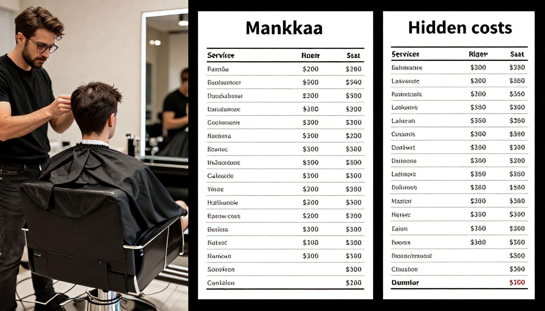 Miksi samassa Mankkaan kampaamossa hinnat voivat heitellä sadoilla eurolla – palveluiden vertailutaulukko ja piilotetut kustannukset